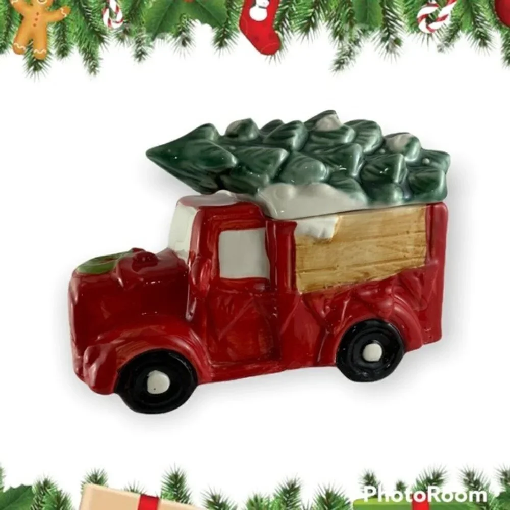 Christmas Canister Farm Vintage Truck Cookie Treat Jar Hand Painted Ceramic